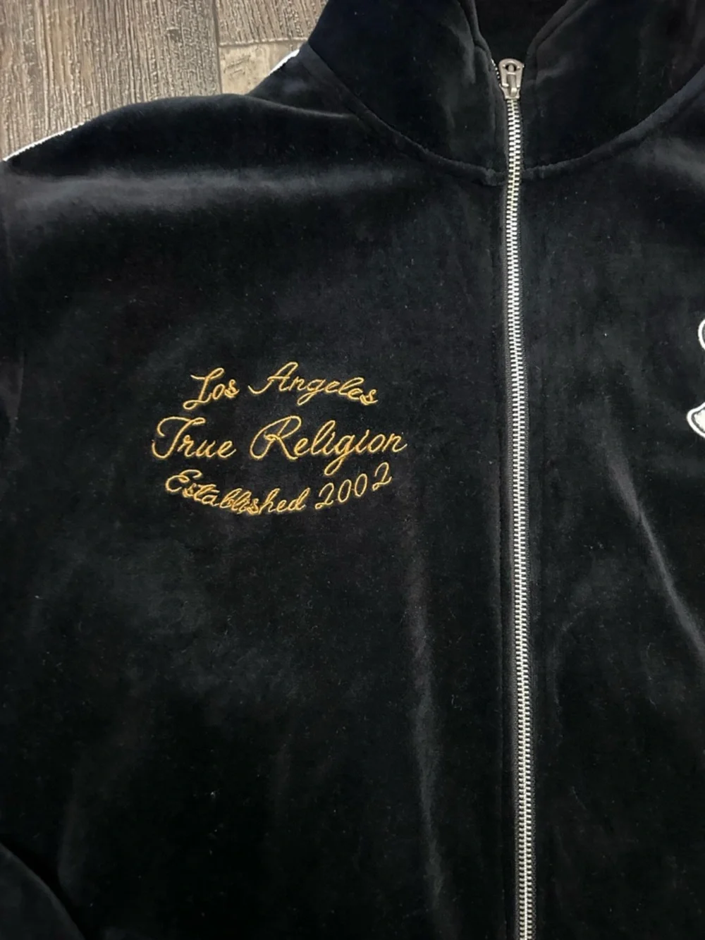 True Religion Black Velour Zip Hoodie with Gold Embroidery